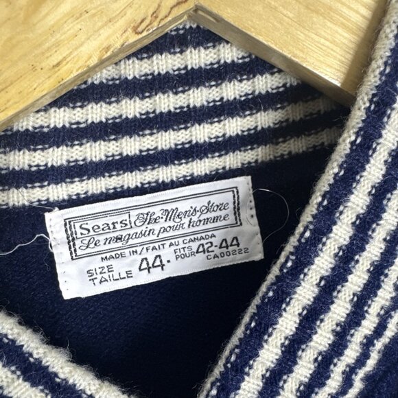 Vintage Sears Varsity Cardigan Navy Blue Striped Trim Button Front Men’s 44 - Picture 3 of 7